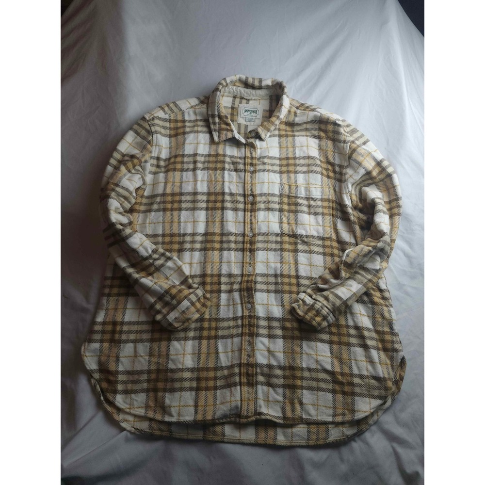American Eagle Plaid Flannel Shirt XL Mustard Yellow Tan White‎ Long Sleeve